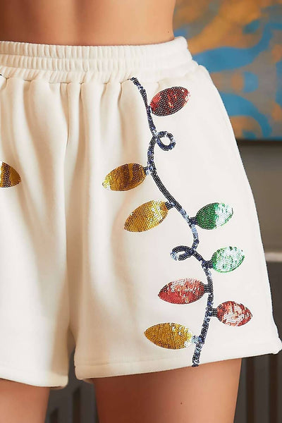 Main Strip - Christmas light Sequin EMB fleece Shorts