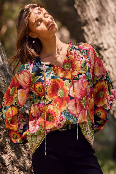 Oddi - Floral Border Printed Blouse: Navy Multi / L