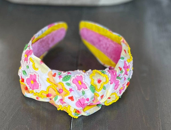 OBX Prep - Yellow and Pink Poppies Seed Beaded Top Knot Headband