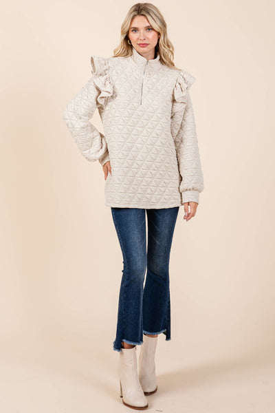 GeeGee Clothing - Quilted Half-Zip Pullover Top, MT50766: Cream / M