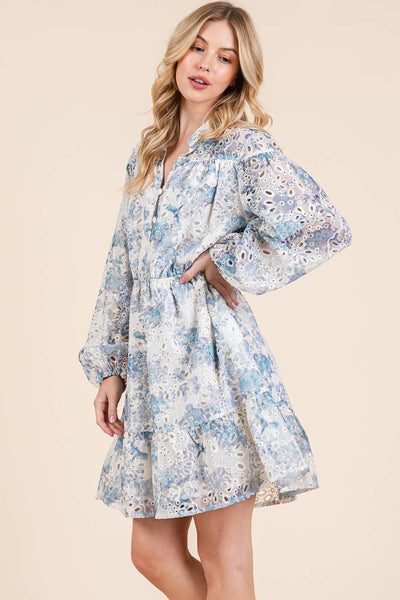 GeeGee Clothing - Plus Floral Eyelet Lace Mini Shirt Dress, OD50845PL: Blue Multi / 3XL