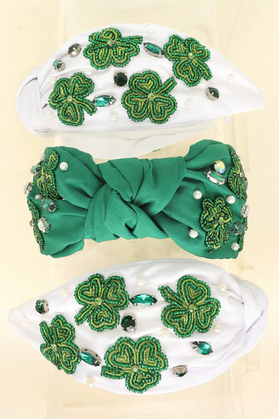 Saint Patrick's Shamrock Beaded Knotted Headband: White