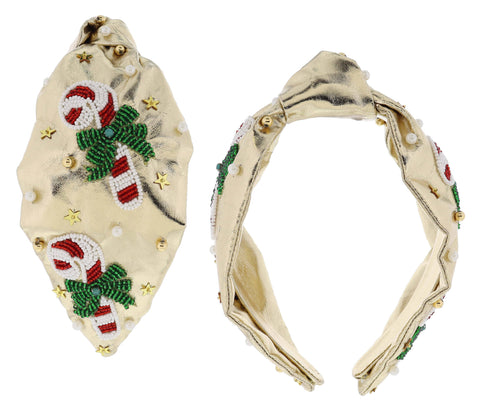 Jane Marie - Beaded Candy Canes with Green Bows on Knotted Gold Headband