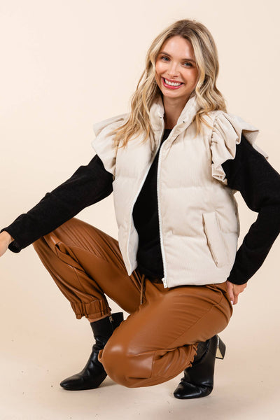 GeeGee Clothing - Corduroy Ruffled Sleeve Puffer Vest, MJ50697: Cream / S