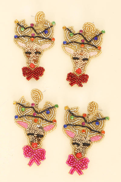 Sophia Collection - Christmas Reindeer Bead Embroidered Earrings : Pink