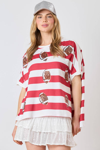 Fantastic Fawn - Football Sequin Bold Stripe Loose Fit Top - Preorders: WHITE/CRIMSON / L