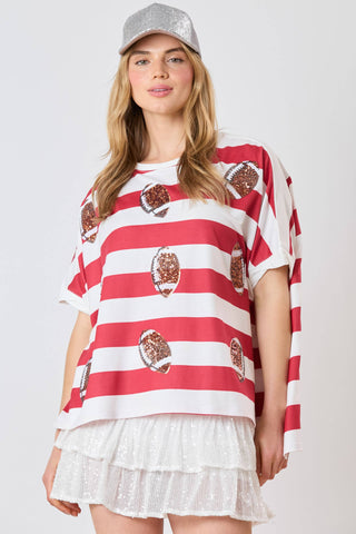 Fantastic Fawn - Football Sequin Bold Stripe Loose Fit Top - Preorders: WHITE/CRIMSON / L