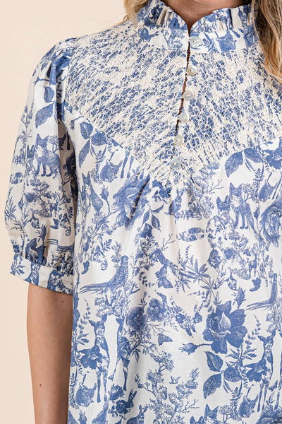 GeeGee Clothing - Nature Half Button-Up Blouse, MT51612: Cream/Blue / L