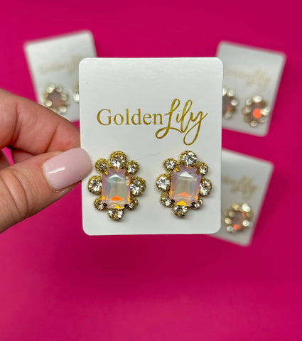 Golden Lily - Fall Statement Stud Earrings - Pink, Rhinestone, Opal Stones
