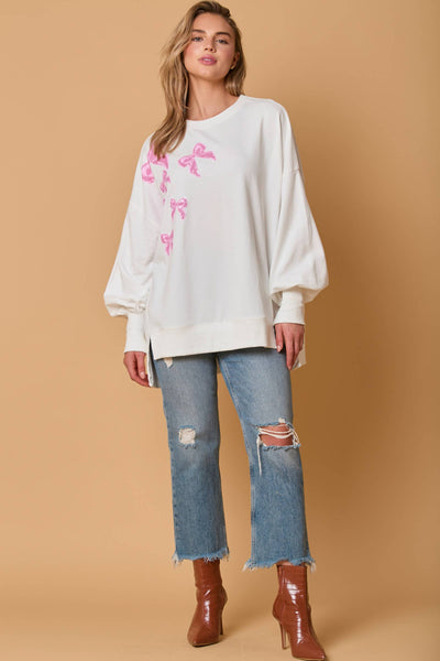 Fantastic Fawn - Bows Sequins Embroidery Long Sleeve Top