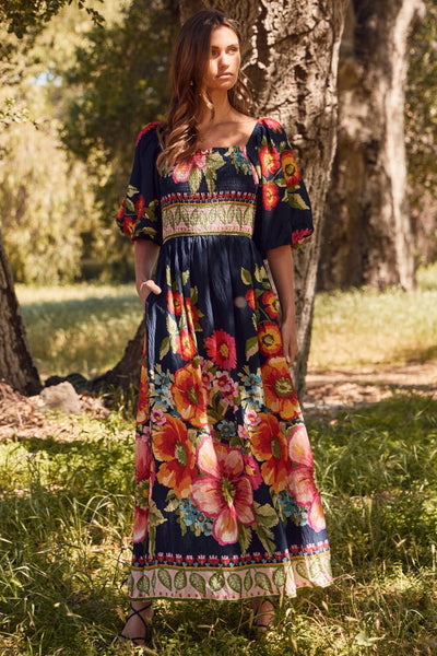 Oddi - Plus Giant Floral Border Printed Maxi Dress: Navy Multi / 3XL
