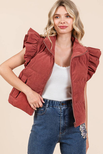 GeeGee Clothing - Corduroy Ruffled Sleeve Puffer Vest, MJ50697: Cream / M