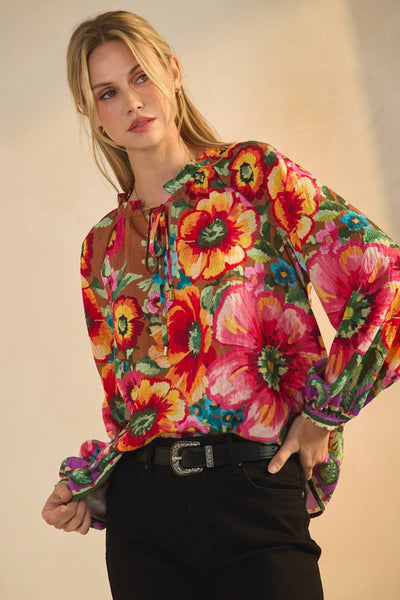 Oddi - Floral Border Printed Blouse: Navy Multi / S
