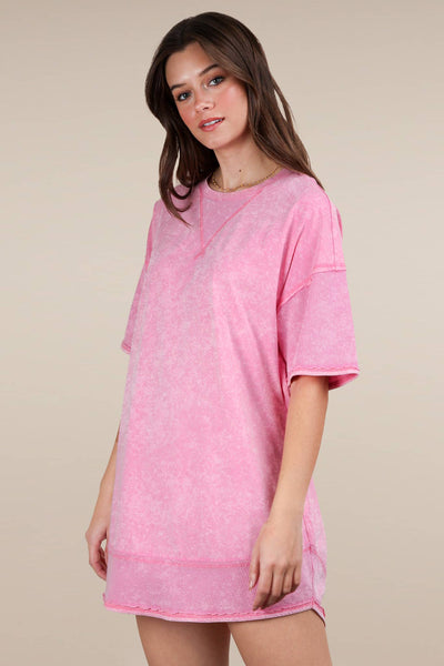 VERY J - ND31645X-PLUS Mineral Washed Comfy Casual Knit Mini Dress: BLACK / 1XL-2XL-3XL/3-2-1