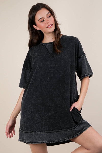 VERY J - ND31645-Mineral Washed Comfy Casual Knit Mini Dress: BLACK / S-M-L/2-2-2