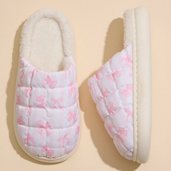 Quilted Puffy Slippers with Pink Bow Print