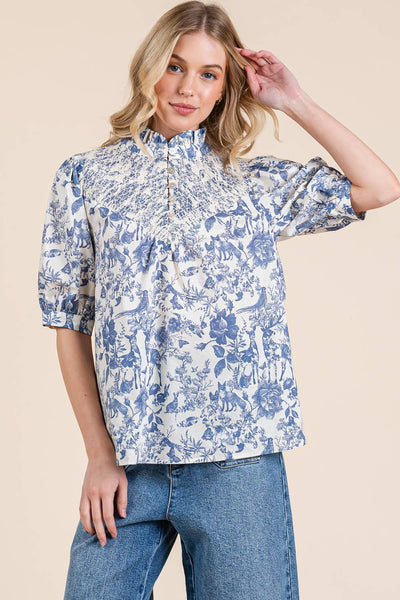 GeeGee Clothing - Nature Half Button-Up Blouse, MT51612: Cream/Blue / M