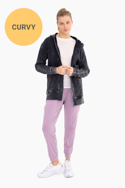 Mono B - CURVY Waffle Knit Mineral-Washed Cardigan: BLACK / 1XL:2XL:3XL (2:2:2)