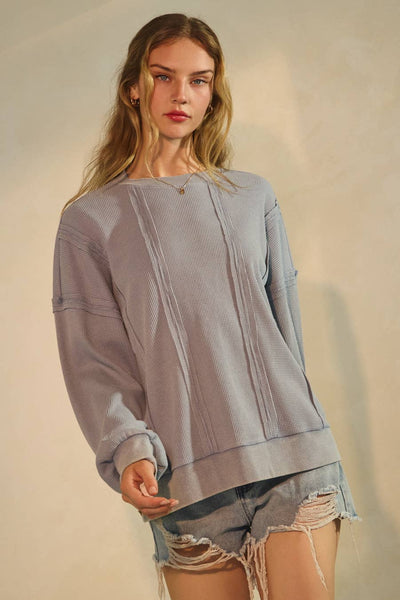 Oddi - Acid Washed Thermal Textured Pullover: Washed Blue / M