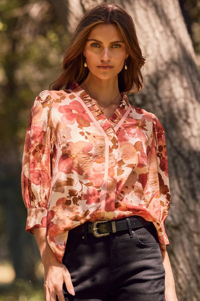 Oddi - Crinkled Floral Printed Blouse: Cranberry / M