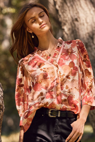 Oddi - Plus Crinkled Floral Printed Blouse: Cranberry / Plus Size / 2XL