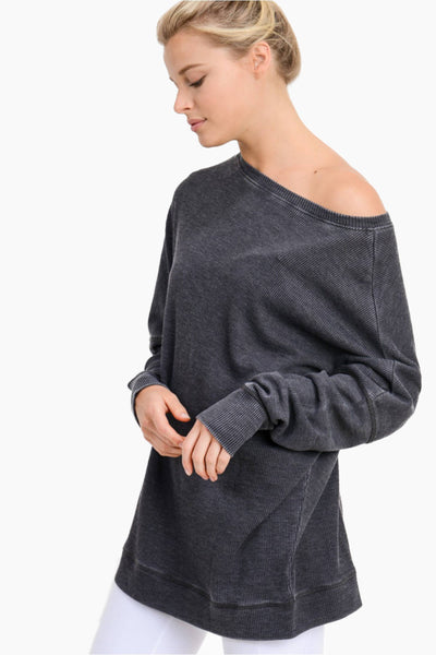 Mono B - Waffle Ribbed Roundneck Pullover: DARK BASIL / S:M:L (2:2:2)
