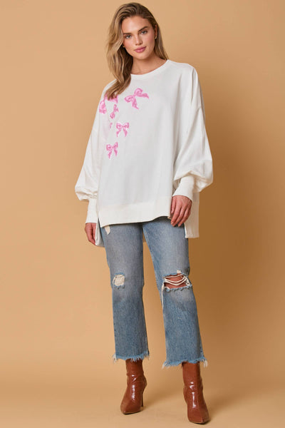 Fantastic Fawn - Bows Sequins Embroidery Long Sleeve Top
