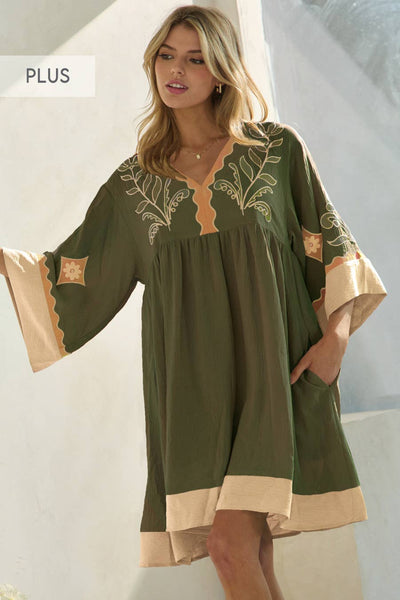 Oddi - Plus Embroidered Plunge V Neck Mini Dress: Olive Combo / 3XL