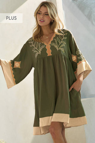 Oddi - Plus Embroidered Plunge V Neck Mini Dress: Olive Combo / 3XL