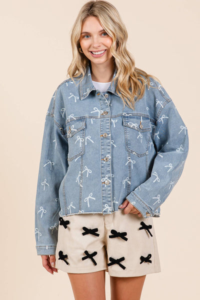 GeeGee Clothing - Plus Ribbon Print Denim Jacket, OJ50833PL: Denim / 1XL