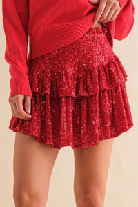 Red Sequin Ruffle Skort