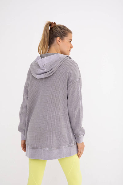 Mono B - Waffle Knit Mineral-Washed Cardigan: BLACK / S:M:L (2:2:2)