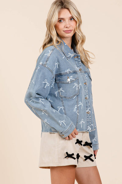 GeeGee Clothing - Ribbon Print Denim Jacket, OJ50833: Denim / M