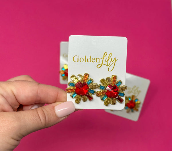 Golden Lily - Fall Rhinestone Burst Stud Earrings - Multi