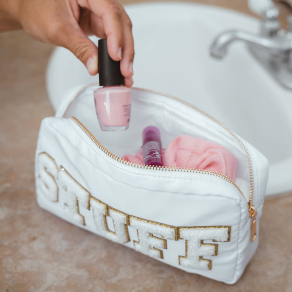 Natalia - Preppy Nylon Chenille Letter Travel Makeup Pouch - STUFF