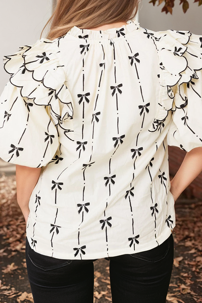 66DISCO - Plus Size Ruffled Bubble Sleeve Notched Neck Blouse (S-4X): White / Plus Size / 2X