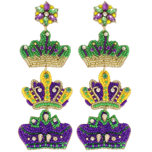 Mardi Gras Gemstone Beaded Royal Crown Earrings