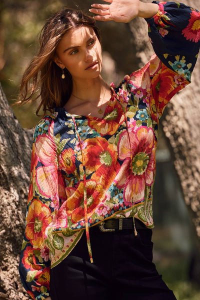 Oddi - Floral Border Printed Blouse: Navy Multi / S