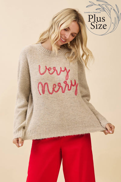 GeeGee x Lovelo - Plus 'Very Merry' Knit Sweater CT52386PL: Taupe / 2XL