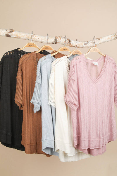 VERY J - NT12088-Oversized Contrast Knit Comfy Casual Top: IVORY / S-M-L/2-2-2