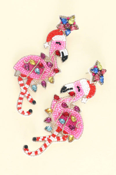 Sophia Collection - Jeweled Flamingo Christmas Beaded Dangle Earrings