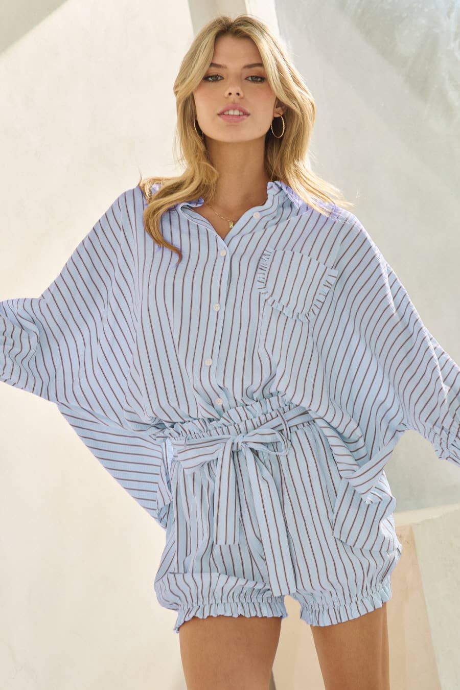 Oddi - Striped Button Down Oversized Shirts: Blue Stripe / L