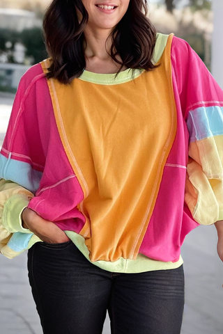 66DISCO - Colorblock Patchwork Exposed Seam Sweatshirt (S-4X): Multi-Colored / Missy / L