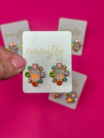 Golden Lily - Statement Stud Earrings - Iridescent Lt Pink w/ Multi Stones