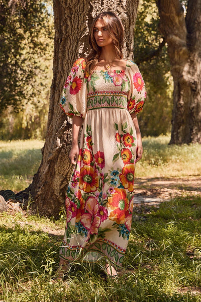 Oddi - Giant Floral Border Printed Maxi Dress: Navy Multi / S