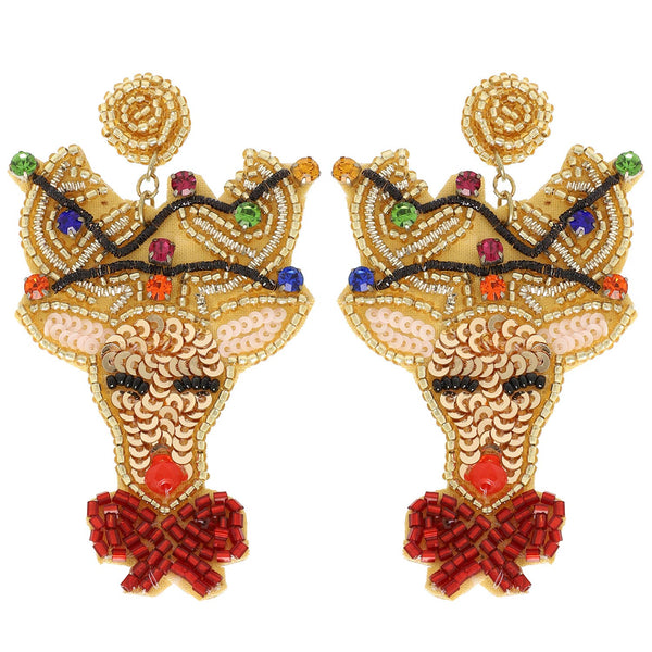 Sophia Collection - Christmas Reindeer Bead Embroidered Earrings : Pink
