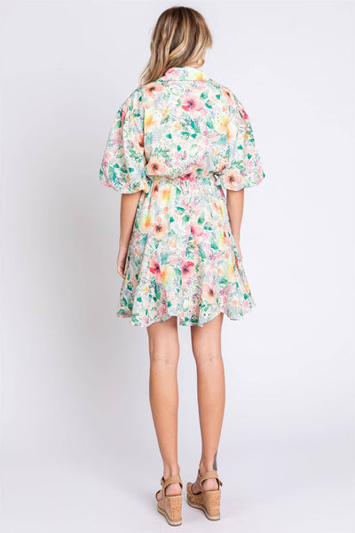 GeeGee Clothing - Plus Floral Button Up Eyelet Dress: MD50561PL: Pink/Green / 3XL