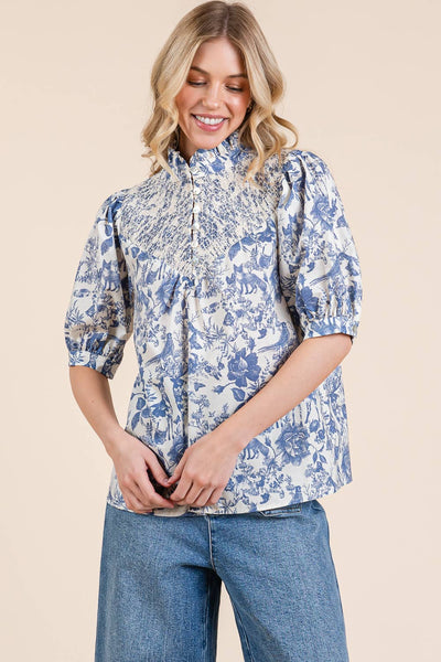 GeeGee Clothing - Nature Half Button-Up Blouse, MT51612: Cream/Blue / M