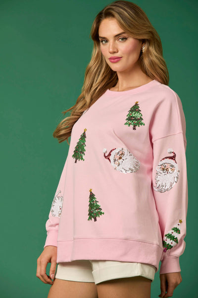 Fantastic Fawn - Santa & Xmas Tree Sequin Pull Over - Preorders: RED / S