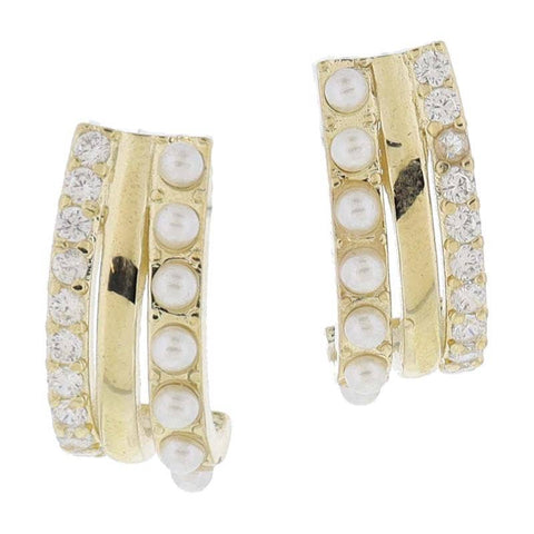 Jane Marie - 18K Gold Plated Crystal, Gold, Pearl Trio J-Hoop Earrings
